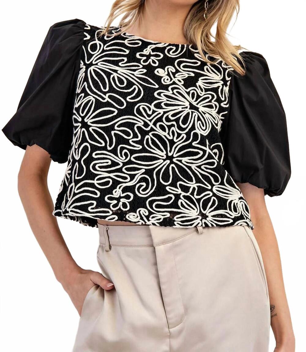 NEW EE:SOME embroidered puff sleeves top in black